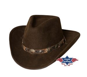 Stars & Stripes, El Dorado westernhat, 100% uldfilt med formbar skygge og hattebånd m. conchos, brun