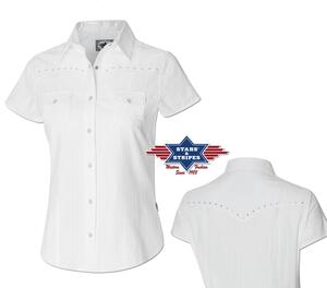 Stars & Stripes, Amelie, kortærmet, hvid dameskjorte med rhinsten