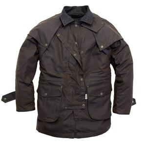Kakadu Traders Australia, Iron Bark Drover Jacket  i sort eller brun oilskin med termofor