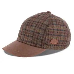 MJM, Baseball EL Virgin Wool 99 - baseball cap i uld med brune, blå og grønne tern og en skygge af imiteret læder