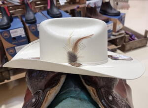 Stars & Stripes, Arizona, formstøbt hat i beige m. hattebånd, fjer og metalpynt samt hulmønter i hattepulden