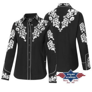 Stars & Stripes, Lilith, western dameskjorte i sort med hvide broderede blomster og hvid piping