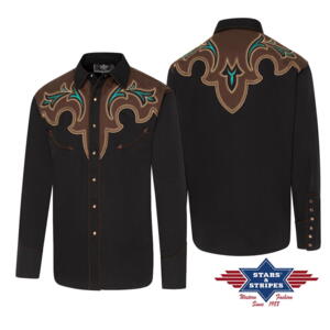 Stars & Stripes, Alaric sort westernskjorte med mørkebrunt revers og broderier